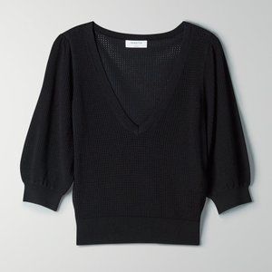 Babaton Cooper Cropped V-neck Puff Sleeve Sweater in Black size Small